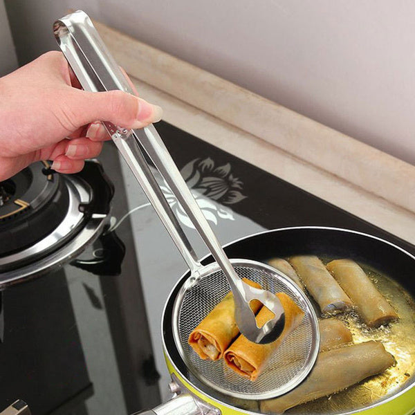Stainless steel filter spoon with clip for frying and cooking. Stainless steel filter spoon with clip for frying and cooking.